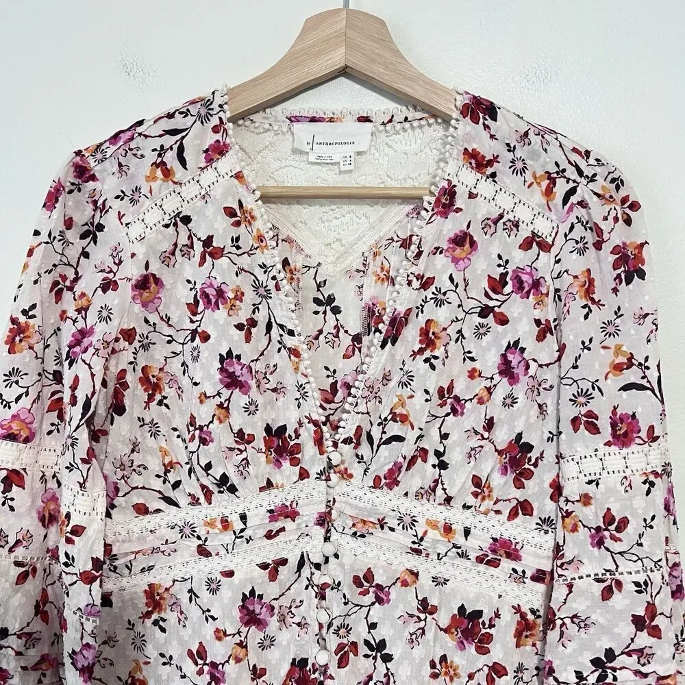 Anthropologie Puff Sleeve Floral Lace Trim Buttondown Blouse Top Size 4 Cottage